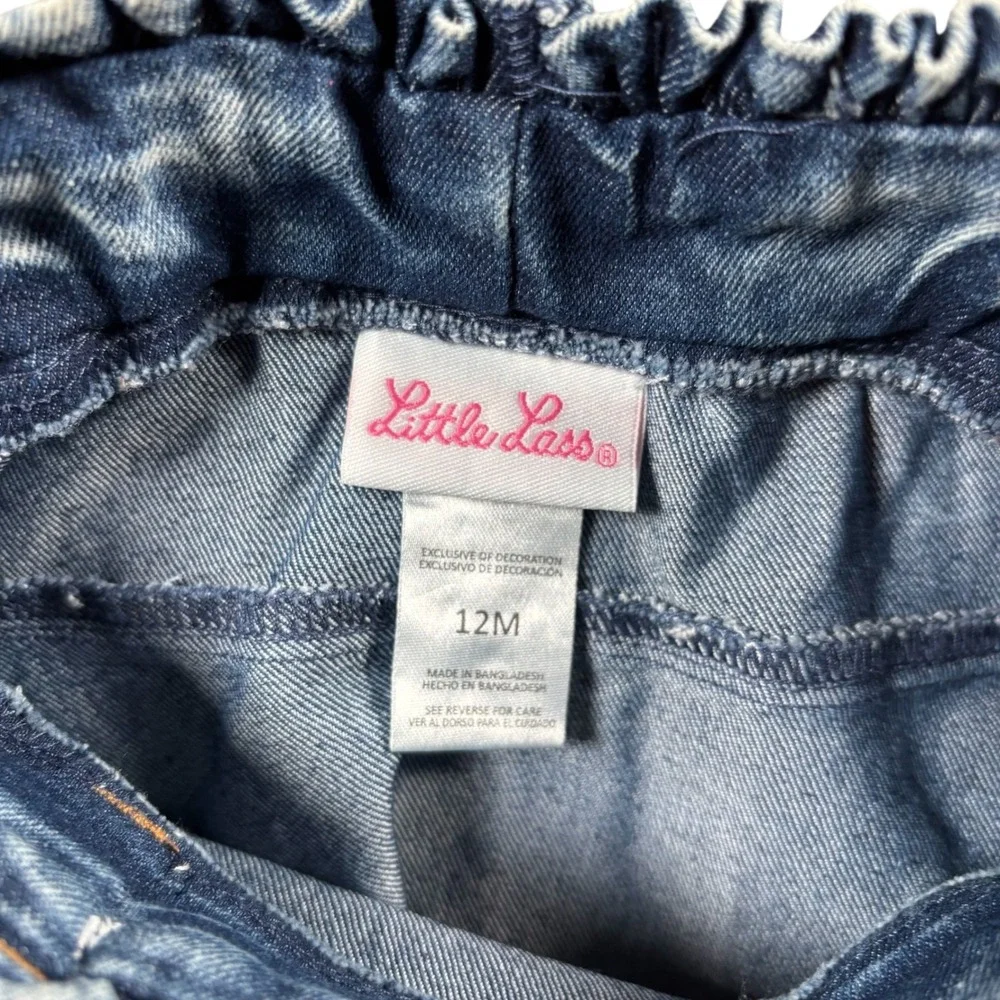 VTG Little Lass Baby Blue Acid‎ Wash Denim Skirt Floral Bow 12M Cottagecore Boho